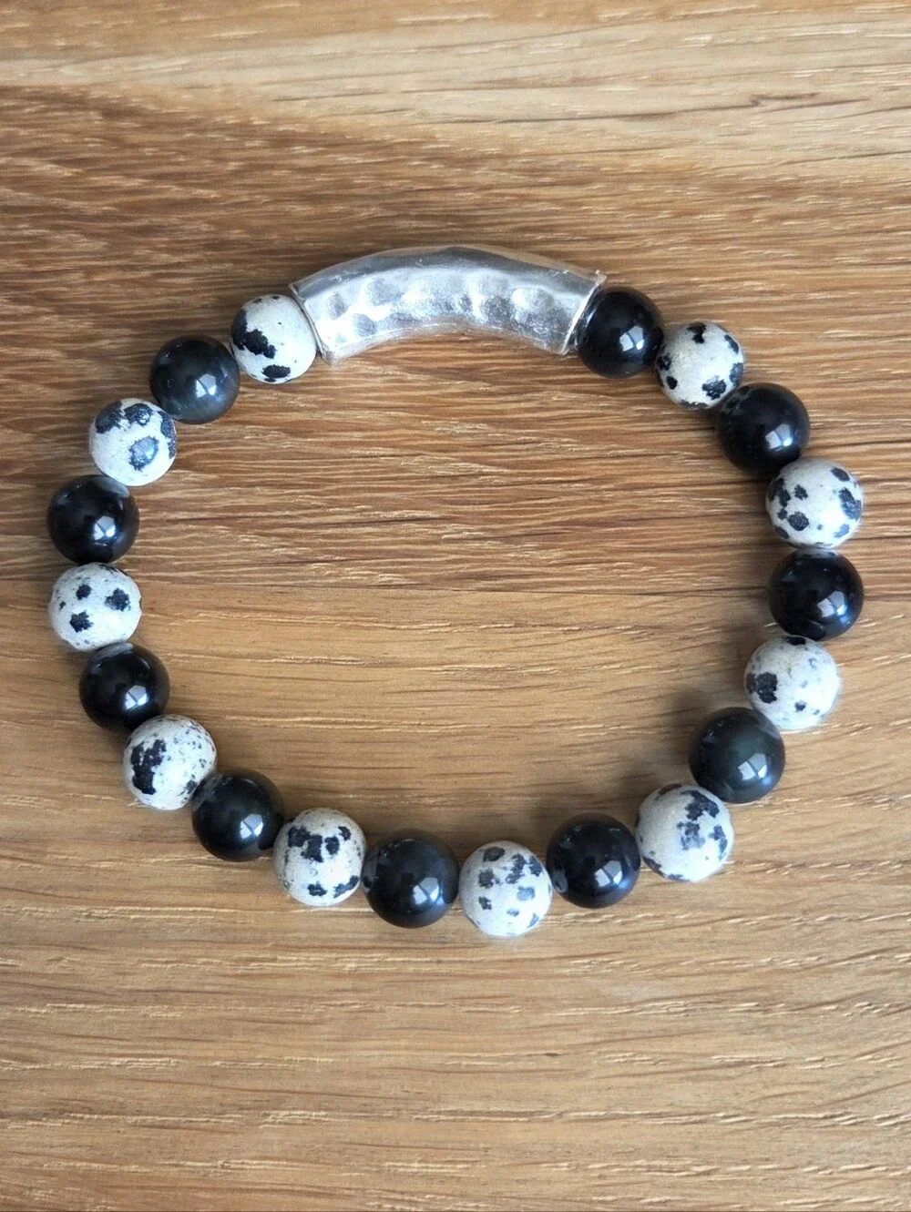 Dalmatian Jasper and Rainbow Obsidian Beaded Stretch Bracelet | Handmade